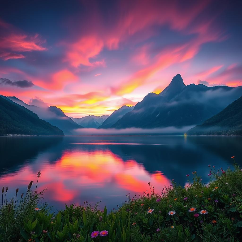 A mystical landscape featuring a serene lake surrounded by ethereal mountains under a twilight sky