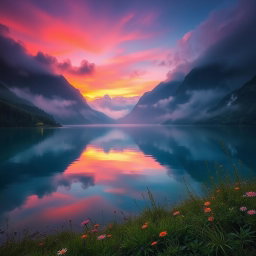 A mystical landscape featuring a serene lake surrounded by ethereal mountains under a twilight sky