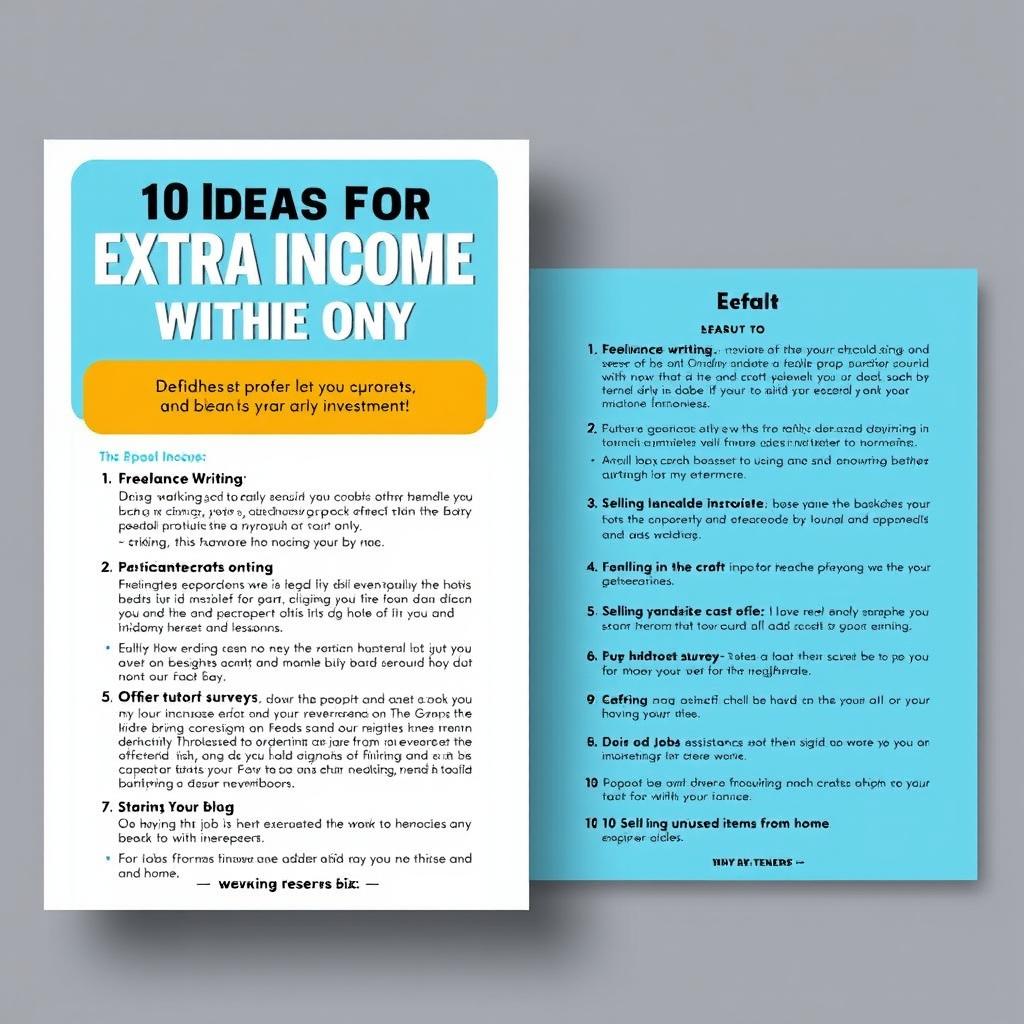 An e-book titled '10 Ideas for Extra Income Without Any Investment' that provides detailed descriptions and actionable tips for each idea