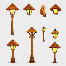 A pixel art spritesheet featuring a wooden street lamp (farola de madera) in various poses and angles