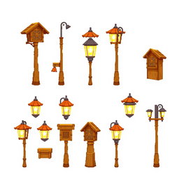 A pixel art spritesheet featuring a wooden street lamp (farola de madera) in various poses and angles
