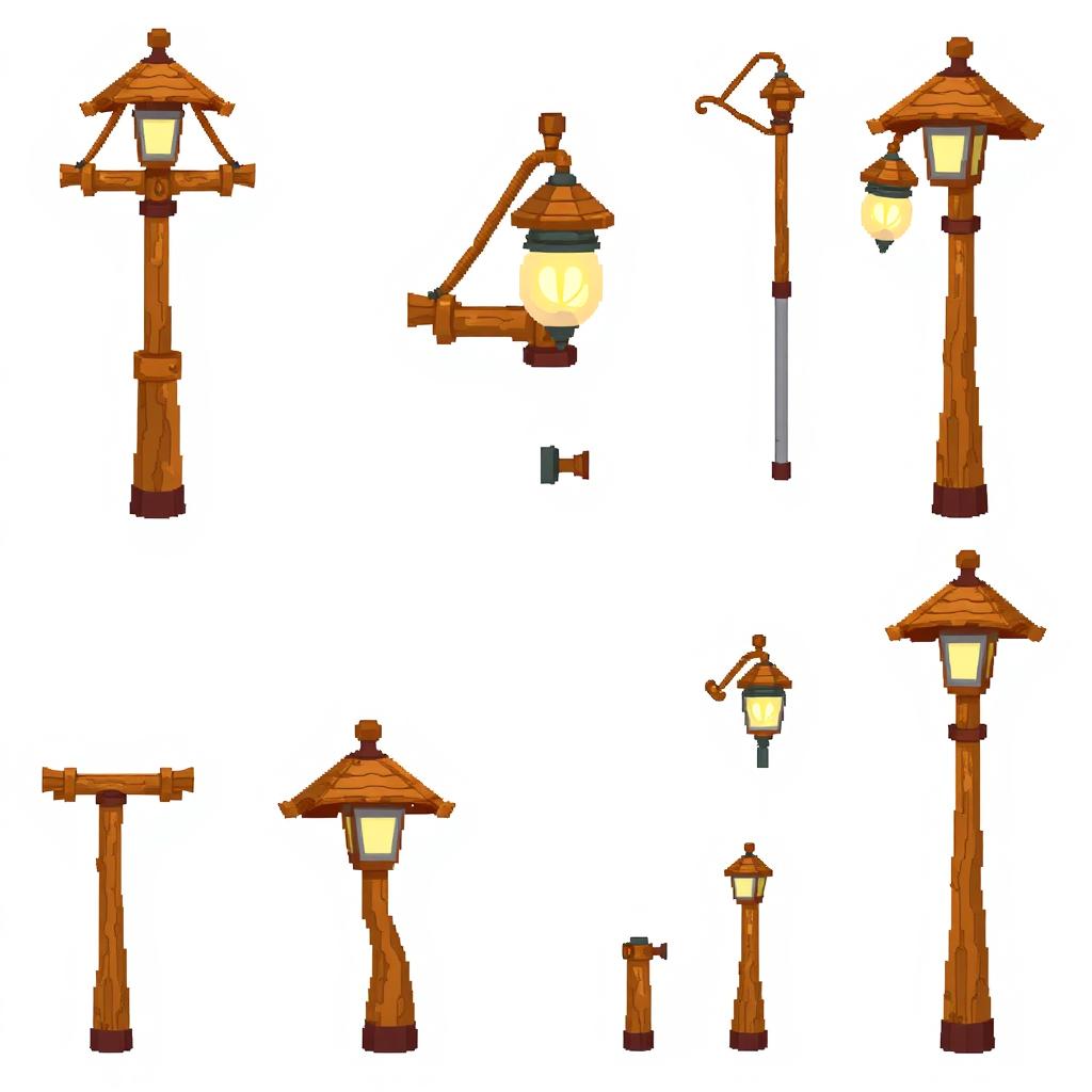 A pixel art spritesheet featuring a wooden street lamp (farola de madera) in various poses and angles