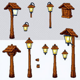 A pixel art spritesheet featuring a wooden street lamp (farola de madera) in various poses and angles