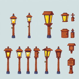 A pixel art spritesheet featuring a beautiful wooden street lamp ('farola de madera')