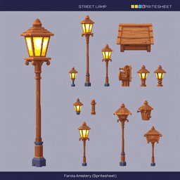 A pixel art spritesheet featuring a beautiful wooden street lamp ('farola de madera')