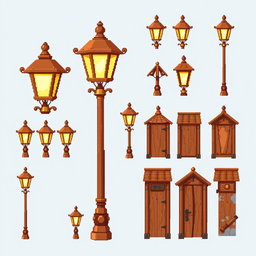 A pixel art spritesheet featuring a beautiful wooden street lamp ('farola de madera')