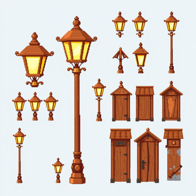 A pixel art spritesheet featuring a beautiful wooden street lamp ('farola de madera')