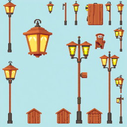 A pixel art spritesheet featuring a beautiful wooden street lamp ('farola de madera')