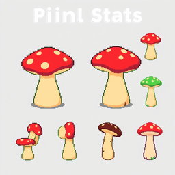 A pixel art spritesheet of a mushroom-shaped chair, showcasing multiple angles and color variations