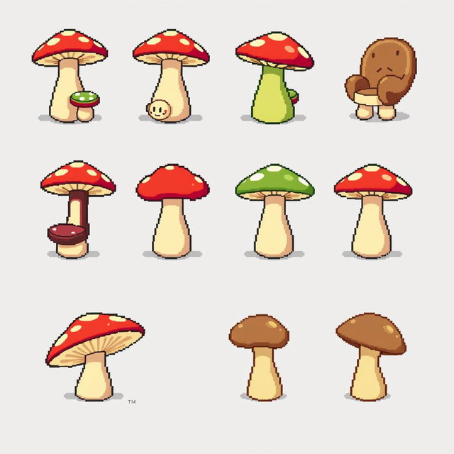 A pixel art spritesheet of a mushroom-shaped chair, showcasing multiple angles and color variations