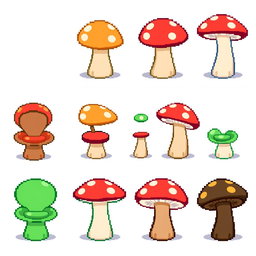 A pixel art spritesheet of a mushroom-shaped chair, showcasing multiple angles and color variations