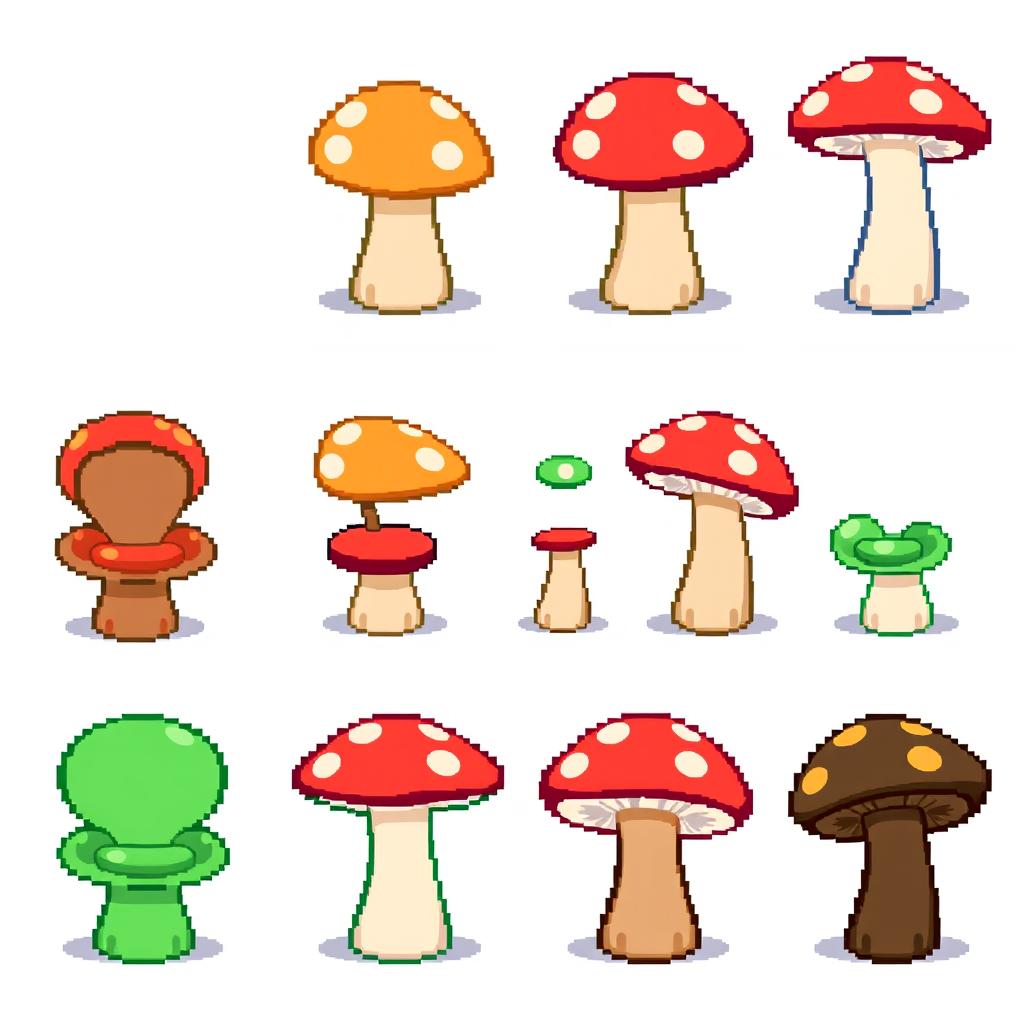 A pixel art spritesheet of a mushroom-shaped chair, showcasing multiple angles and color variations