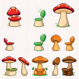 A pixel art spritesheet of a mushroom-shaped chair, showcasing multiple angles and color variations