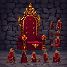 A detailed pixel art spritesheet of a luxurious velvet throne, rich in textures and intricate patterns