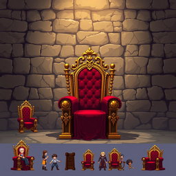 A detailed pixel art spritesheet of a luxurious velvet throne, rich in textures and intricate patterns