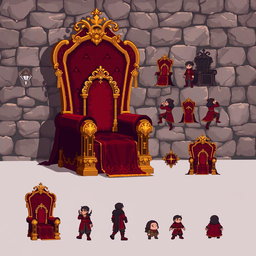 A detailed pixel art spritesheet of a luxurious velvet throne, rich in textures and intricate patterns