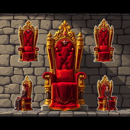 A detailed pixel art spritesheet of a luxurious velvet throne, rich in textures and intricate patterns