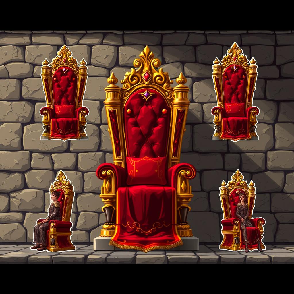 A detailed pixel art spritesheet of a luxurious velvet throne, rich in textures and intricate patterns