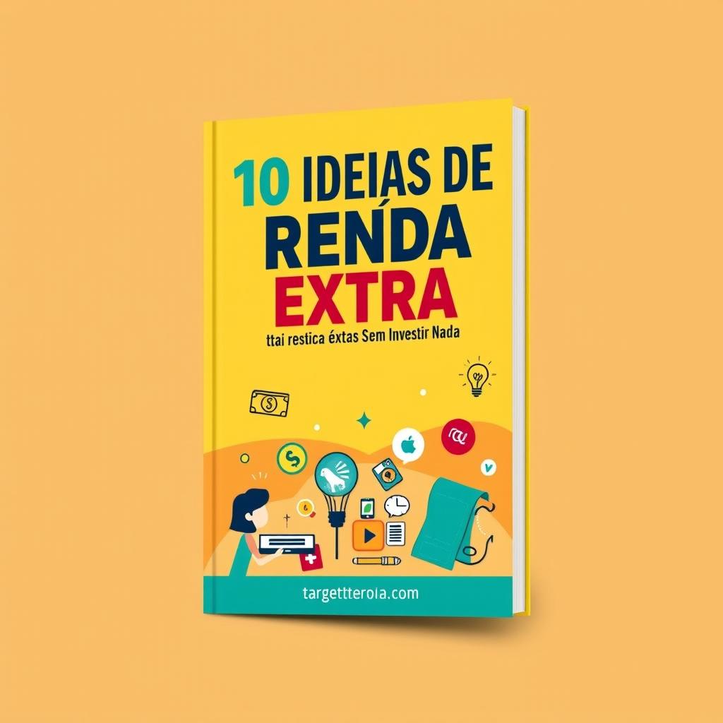 A vibrant e-book cover design titled '10 Ideias de Renda Extra Sem Investir Nada'