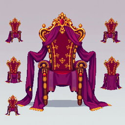 A vibrant pixel art spritesheet showcasing a throne made of silk, featuring an intricate design with flowing silken curtains draping down the sides