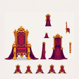 A vibrant pixel art spritesheet showcasing a throne made of silk, featuring an intricate design with flowing silken curtains draping down the sides