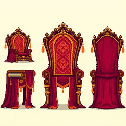 A vibrant pixel art spritesheet showcasing a throne made of silk, featuring an intricate design with flowing silken curtains draping down the sides