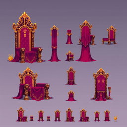 A vibrant pixel art spritesheet showcasing a throne made of silk, featuring an intricate design with flowing silken curtains draping down the sides