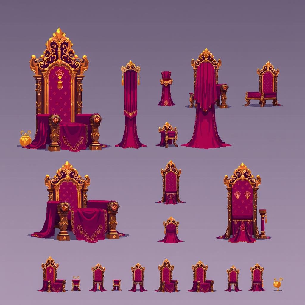 A vibrant pixel art spritesheet showcasing a throne made of silk, featuring an intricate design with flowing silken curtains draping down the sides