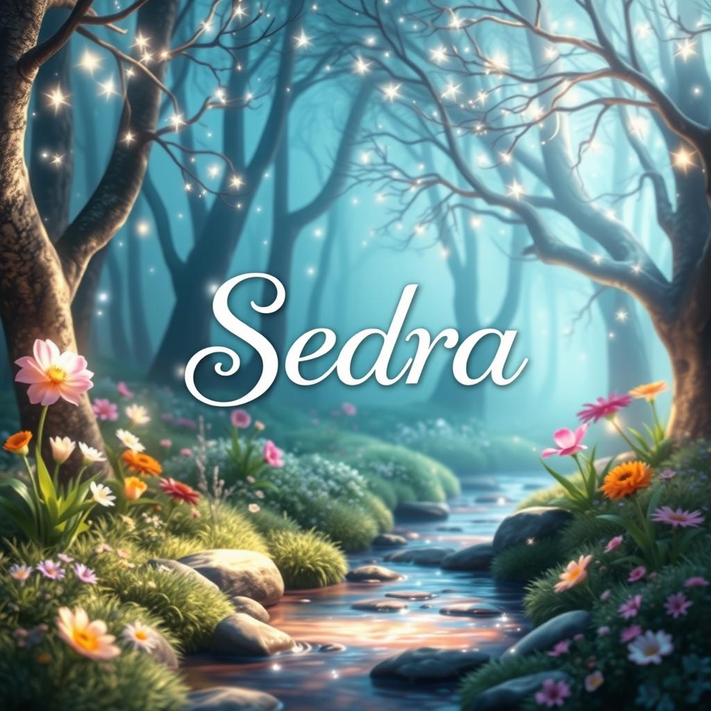 A stunning and magical background scene that features a whimsical forest with sparkling fairy lights, vibrant flowers, and a gentle stream, seamlessly integrating the name 'Sedra' in an elegant and enchanting font