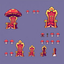 A pixel art spritesheet showcasing a throne designed in the shape of a mushroom