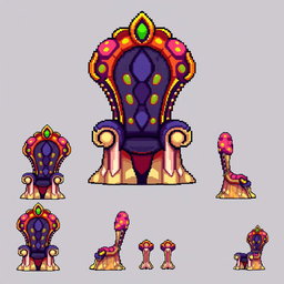 A pixel art spritesheet showcasing a throne designed in the shape of a mushroom