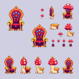 A pixel art spritesheet showcasing a throne designed in the shape of a mushroom