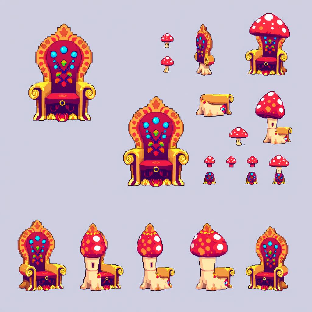 A pixel art spritesheet showcasing a throne designed in the shape of a mushroom