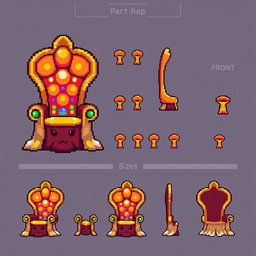 A pixel art spritesheet showcasing a throne designed in the shape of a mushroom