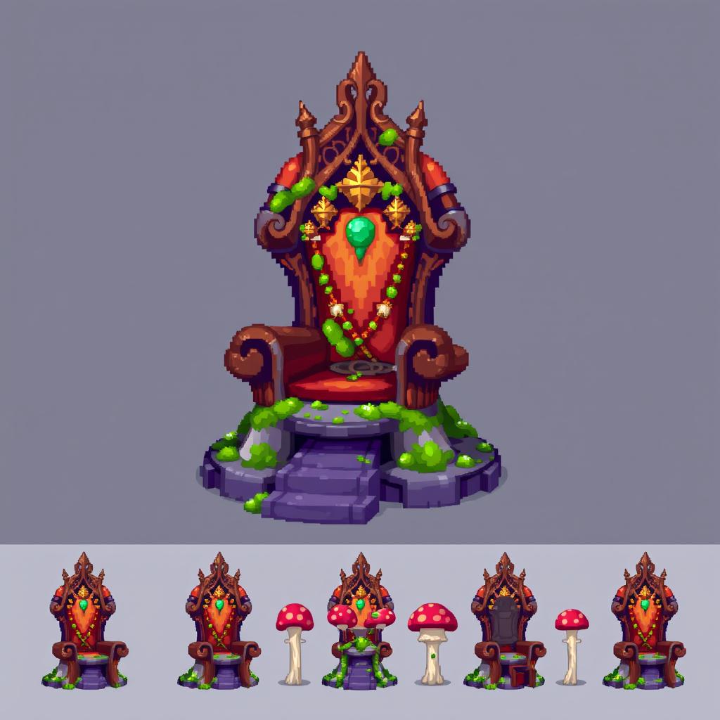 A pixel art spritesheet showcasing a throne designed in the shape of a mushroom, featuring vibrant colors and intricate details