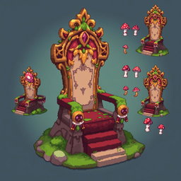 A pixel art spritesheet showcasing a throne designed in the shape of a mushroom, featuring vibrant colors and intricate details