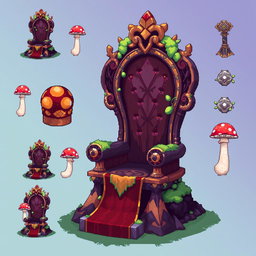 A pixel art spritesheet showcasing a throne designed in the shape of a mushroom, featuring vibrant colors and intricate details