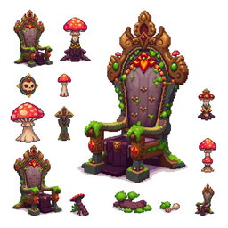 A pixel art spritesheet showcasing a throne designed in the shape of a mushroom, featuring vibrant colors and intricate details