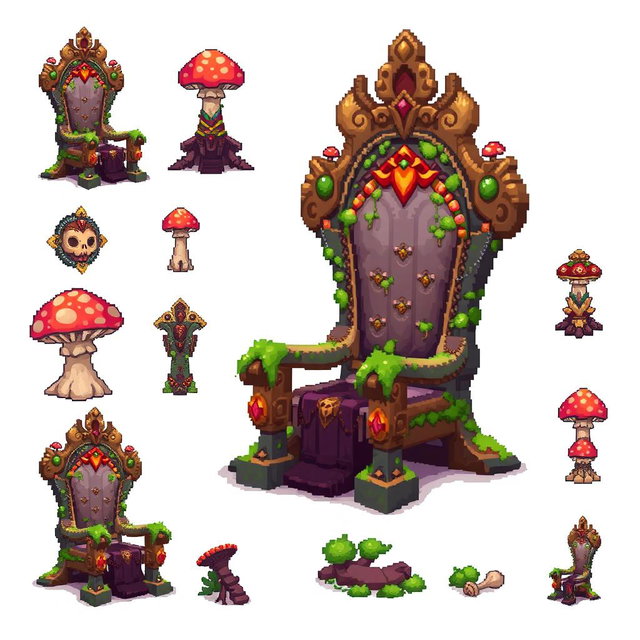 A pixel art spritesheet showcasing a throne designed in the shape of a mushroom, featuring vibrant colors and intricate details