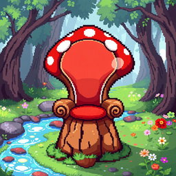 A whimsical mushroom-shaped throne designed in pixel art style, featuring vibrant colors and playful details