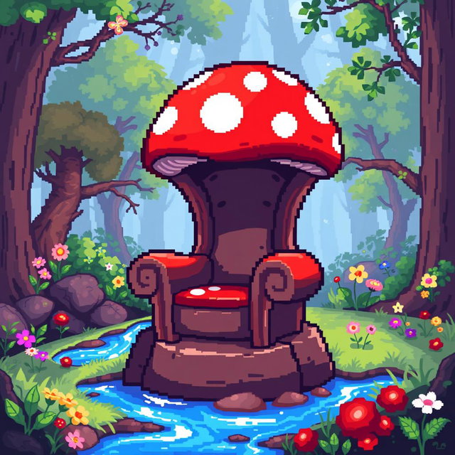 A whimsical mushroom-shaped throne designed in pixel art style, featuring vibrant colors and playful details