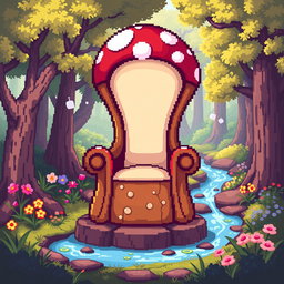 A whimsical mushroom-shaped throne designed in pixel art style, featuring vibrant colors and playful details