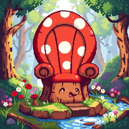A whimsical mushroom-shaped throne designed in pixel art style, featuring vibrant colors and playful details