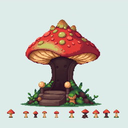 A pixel art spritesheet depicting a throne in the shape of a mushroom