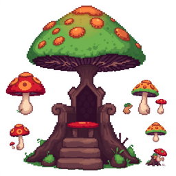 A pixel art spritesheet depicting a throne in the shape of a mushroom