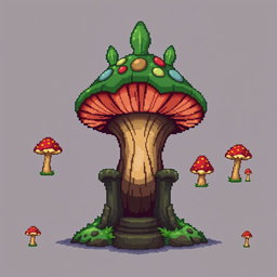 A pixel art spritesheet depicting a throne in the shape of a mushroom