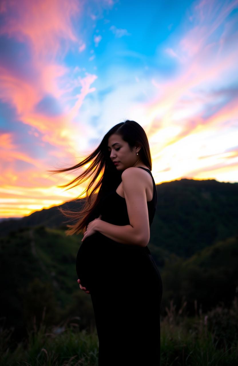 A beautiful sunset sky with vibrant colors and green hills in the background