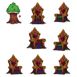 A pixel art spritesheet featuring a throne shaped like a mushroom (seta) with vibrant colors and intricate details