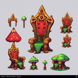 A pixel art spritesheet featuring a throne shaped like a mushroom (seta) with vibrant colors and intricate details