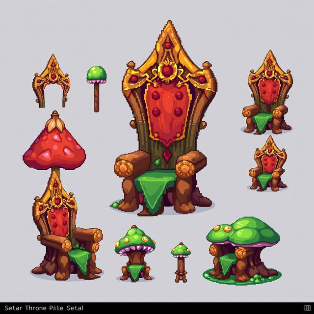 A pixel art spritesheet featuring a throne shaped like a mushroom (seta) with vibrant colors and intricate details